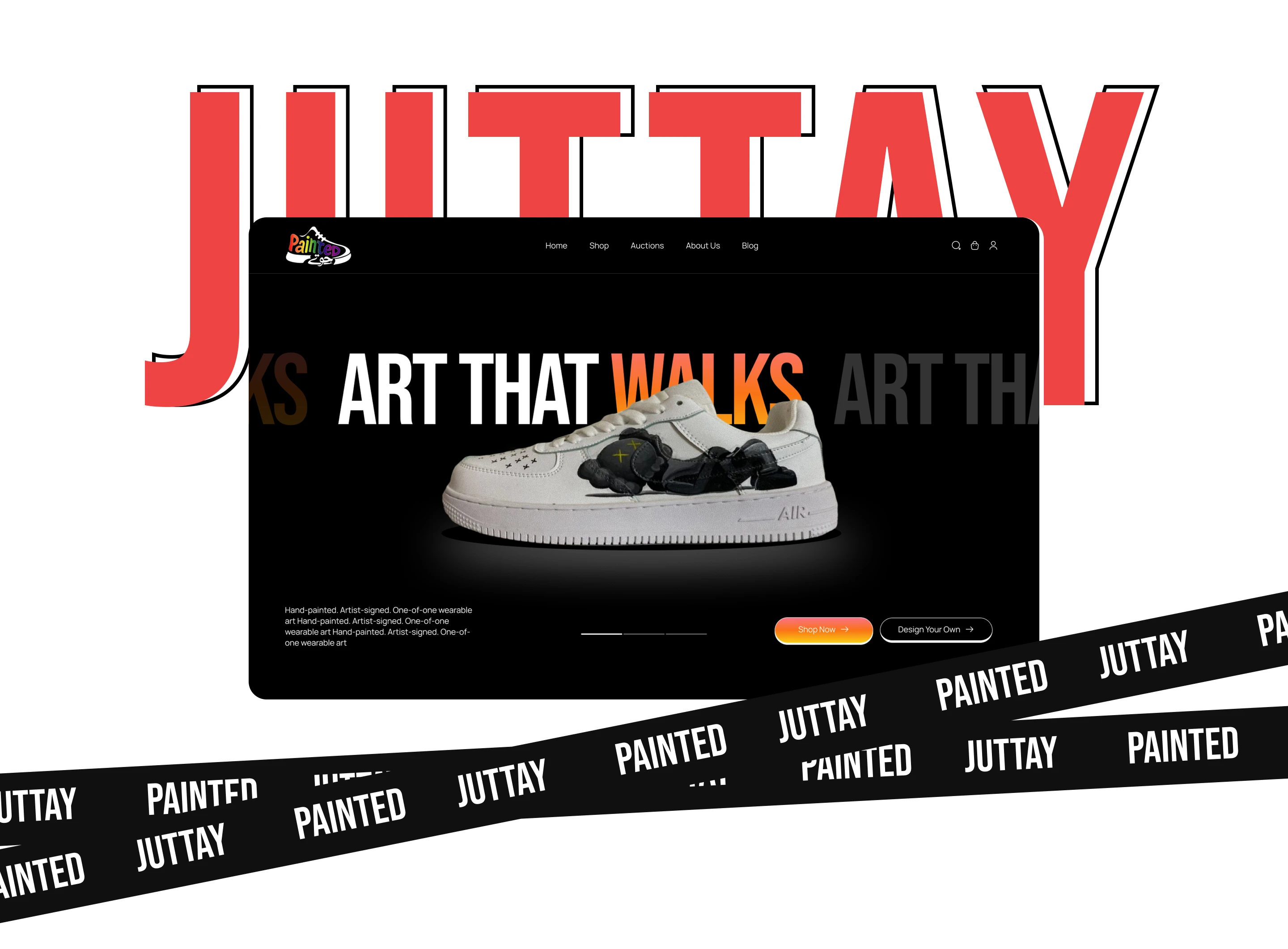 Painted Juttay store — homepage, product page, and cart screens.