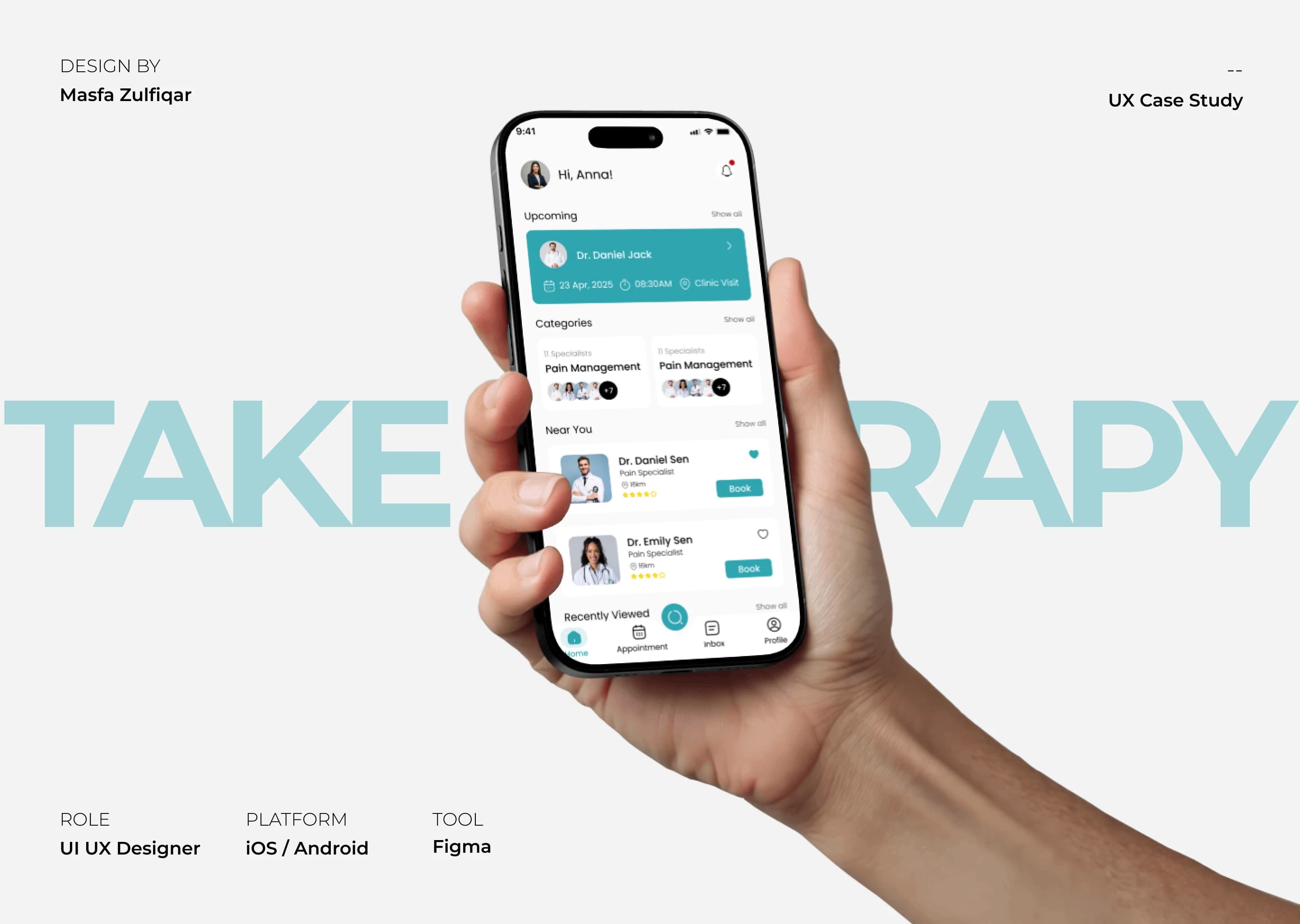 Take Therapy app screens — home, specialist listing, booking flow.